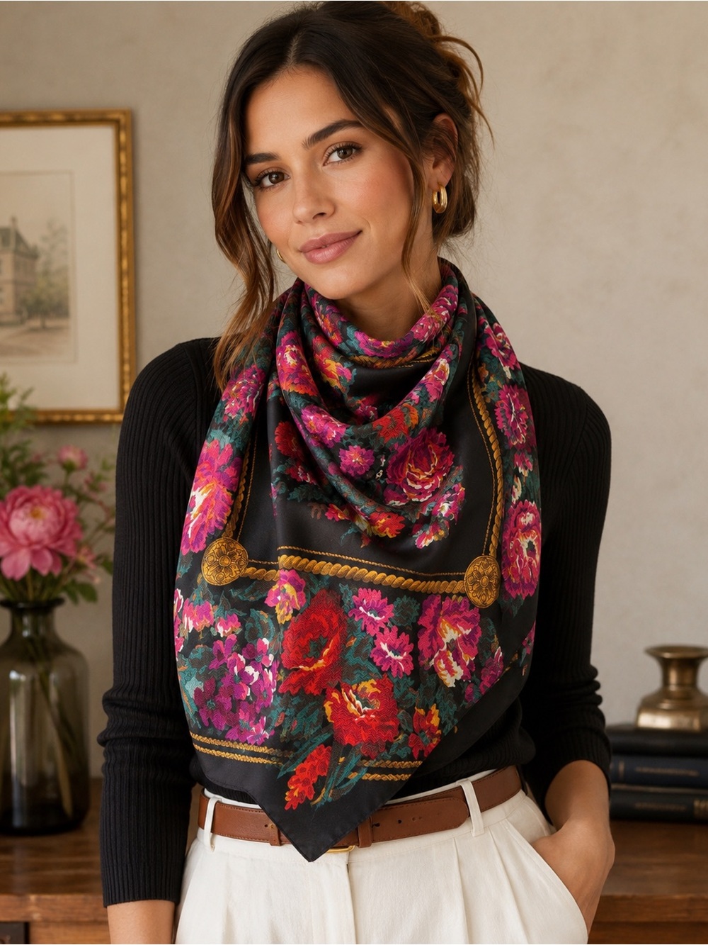 Vintage Floral Scarf Square Italy Cottagecore Boho Pink Red Black Wrap Academia